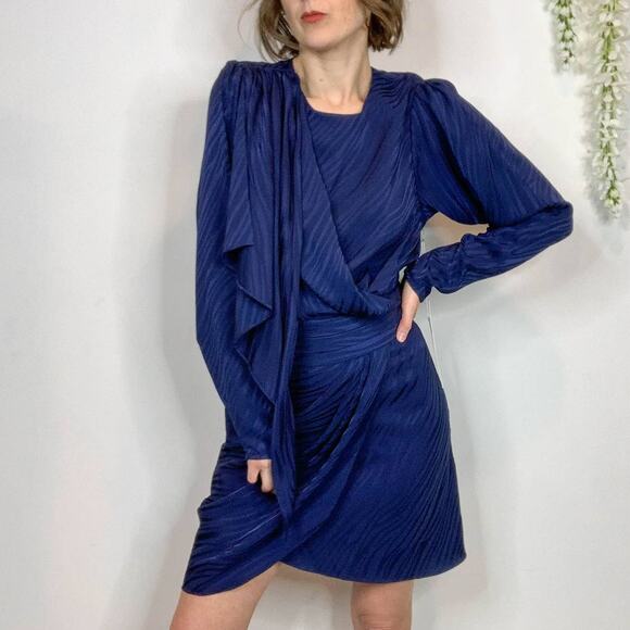 NWT RONNY KOBO 80s satin dress puff shoulder faux wrap draped - Picture 6 of 15